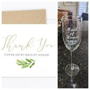 Gift set: Thank You For Being My Maid of Honor Card & Champagne Glass